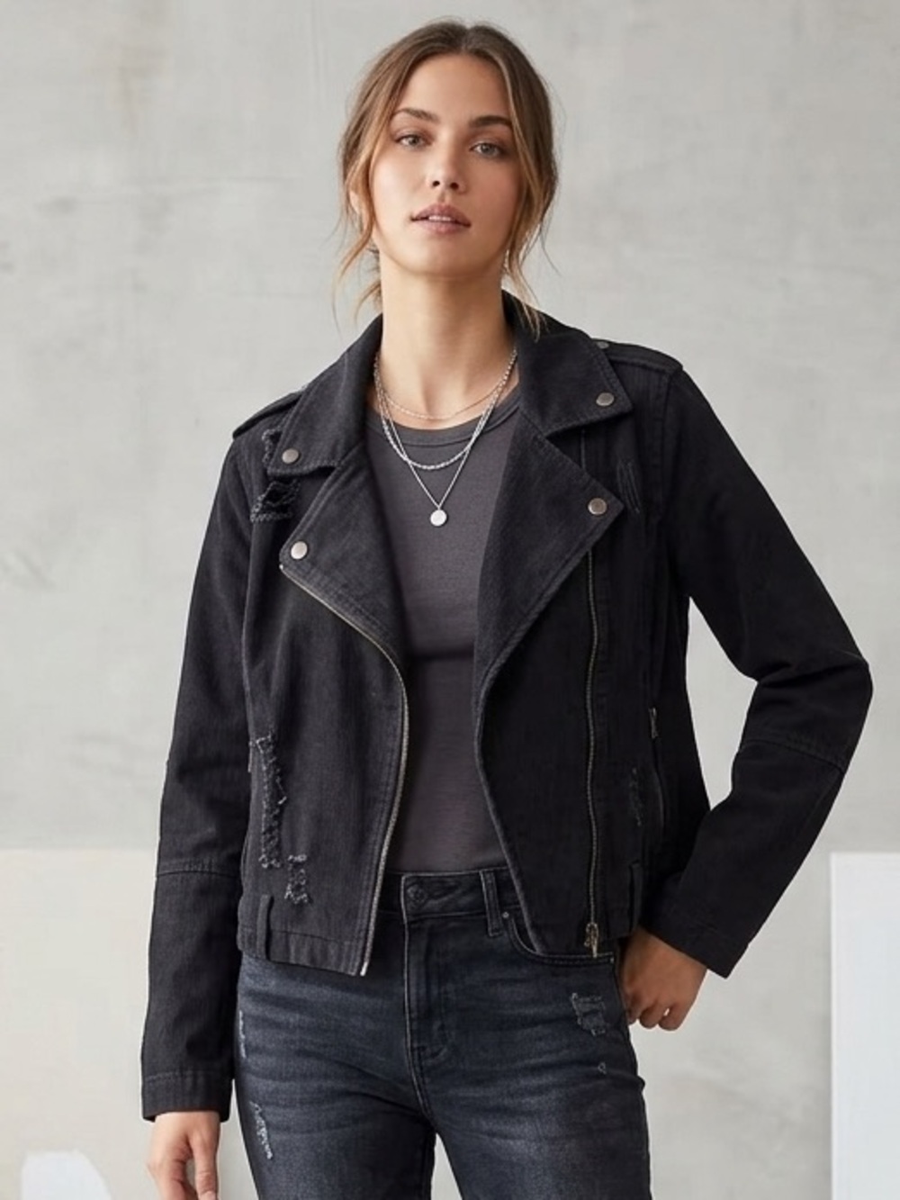 Ci Sono Denim Collection- Black Distressed Denim Moto Biker Jacket Size Medium